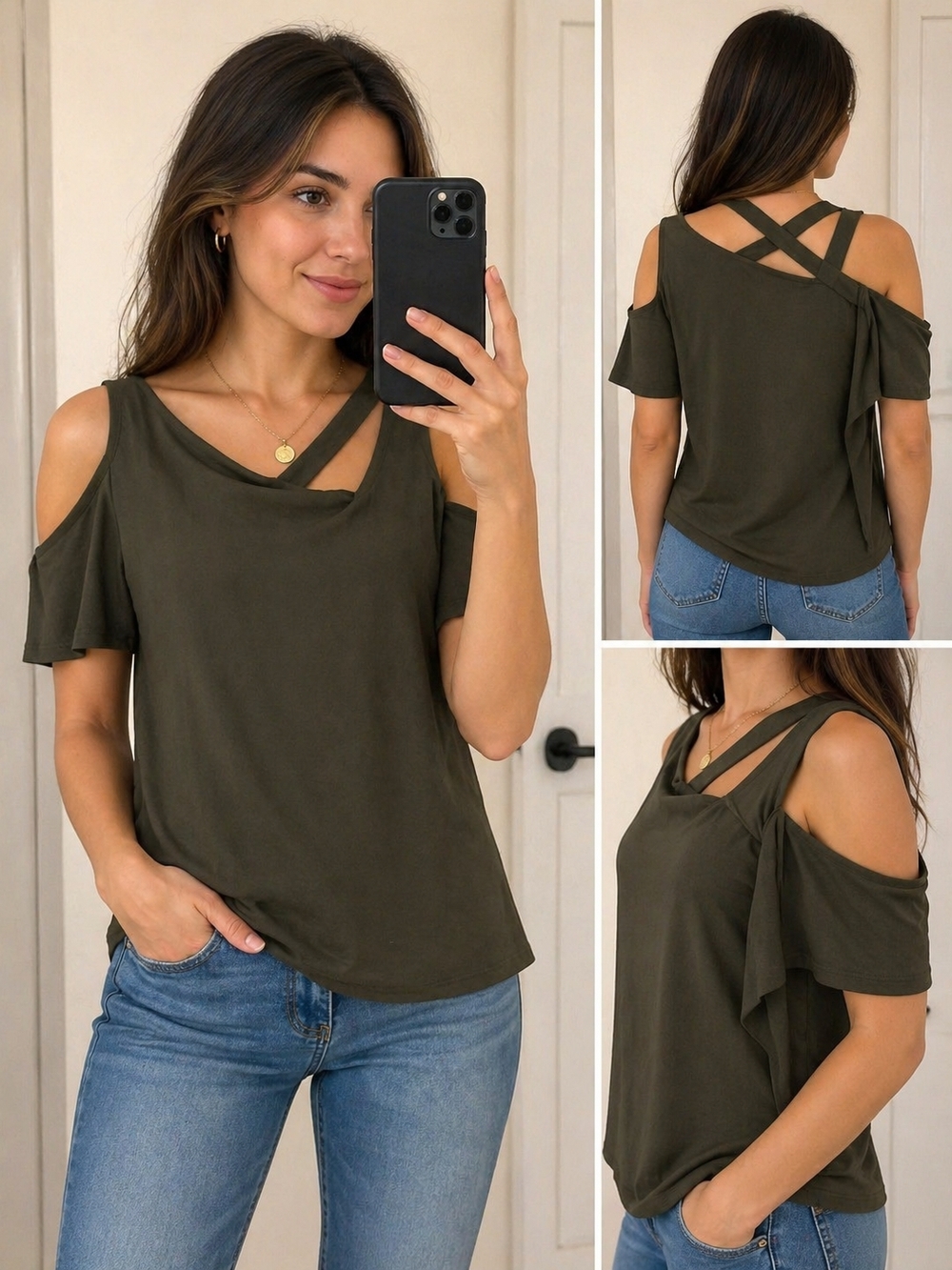 New York & Company Olive Green Cold-Shoulder Strappy Tank